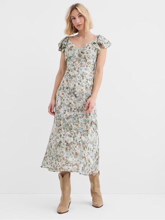 LOFT Dresses & Skirts - Floral Ruffle Sleeve Dress in soft blue/green palate